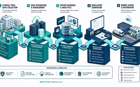 IQVIA Holdings Wertschöpfungskette US46266C1053 als isometrisches 3D Prozessdiagramm von klinischer Studie bis Marktdistribution - Foto: THN