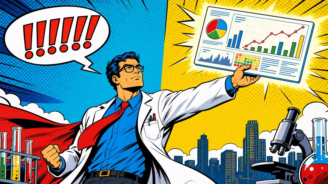 Pop-Art-Comic eines Pharma-Wissenschaftler-Superhelden mit Datenanalyse-Schaubild und Halbton-Muster