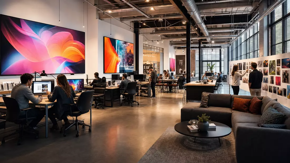 Fotorealistisches Werbebüro mit Designern und großen Bildschirmen für Kampagnen