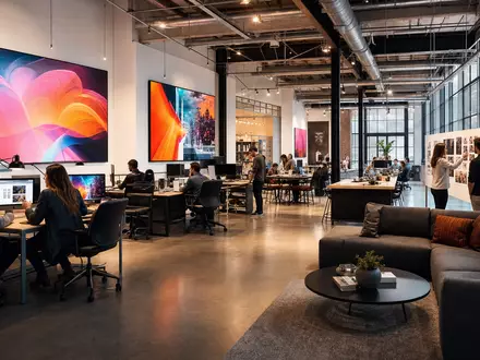 Interpublic Group US4606901001 zeigt ein modernes Kreativ Studio mit Designern und digitalen Werbe Bildschirmen - Foto: THN