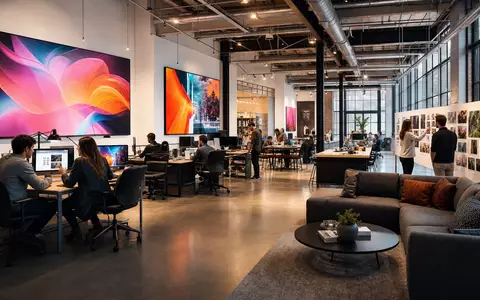 Interpublic Group US4606901001 zeigt ein modernes Kreativ Studio mit Designern und digitalen Werbe Bildschirmen - Foto: THN