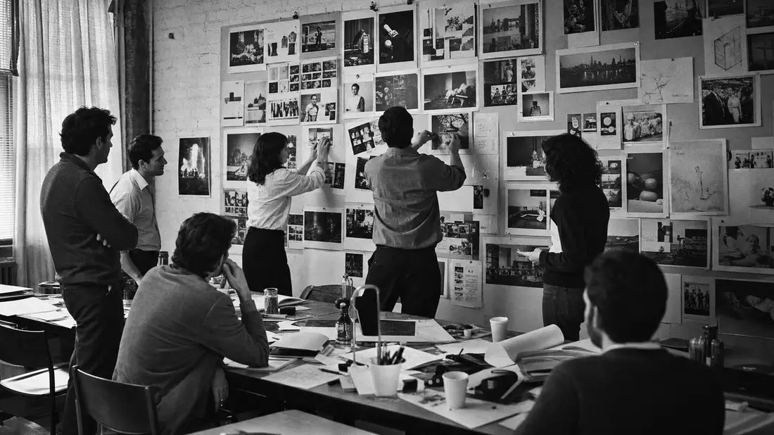 Schwarzweiß-Reportage eines Werbeteams beim Aufhängen von Kampagnen-Storyboards