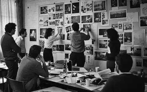 Interpublic Group US4606901001 dokumentarisch: Kreativ Team pinnt Storyboards und Fotos an große Agentur Wand - Foto: THN