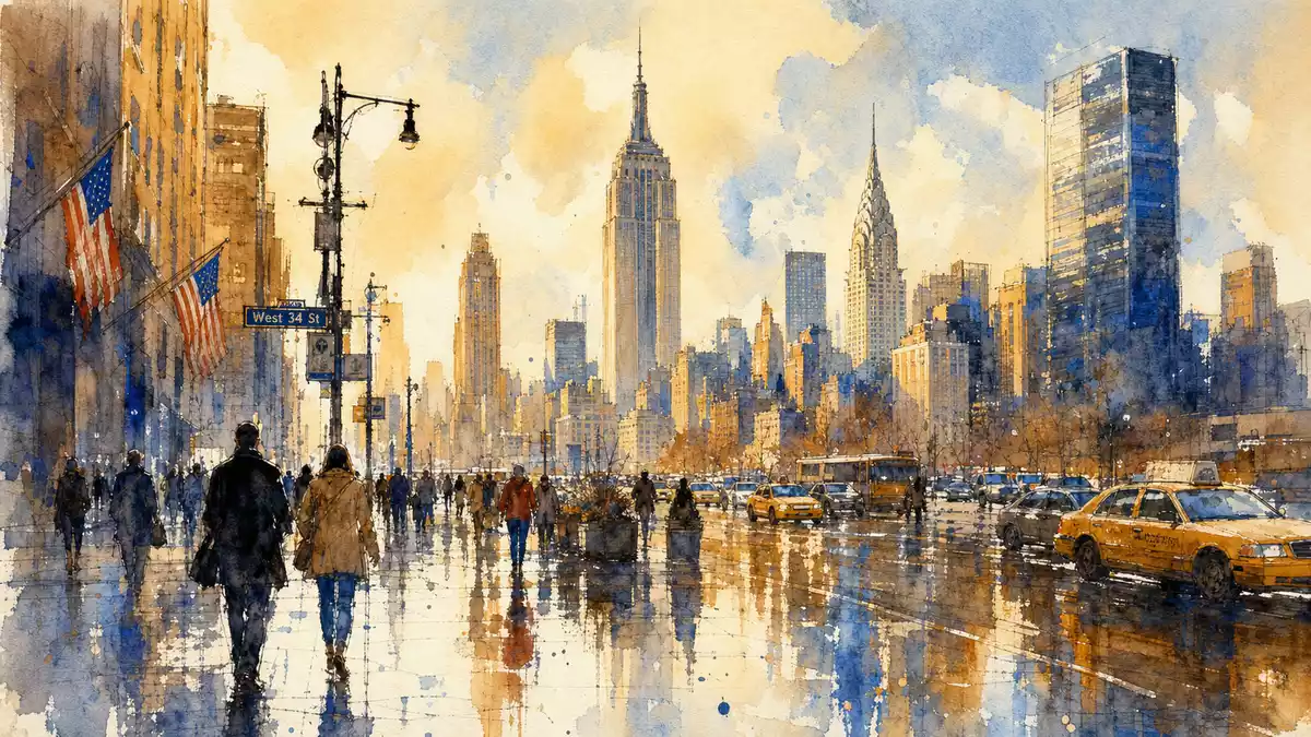 Aquarell der Manhattan-Skyline mit Fußgängern und Spiegelungen auf nasser Straße