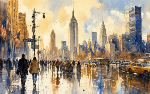 Interpublic Group US4606901001 als Aquarell der Manhattan Skyline mit Fußgängern die sich in Pfützen spiegeln - Foto: THN
