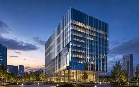 Interpublic Group US4606901001 Architektur Render eines modernen Glas Hochhauses zur blauen Stunde mit Grünfläche - Foto: THN