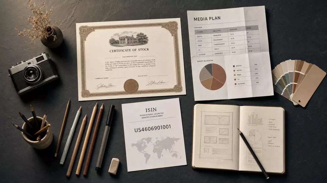 Flatlay mit Aktienzertifikat, ISIN-Karte US4606901001, Kamera, Farbfächer und Notizbuch