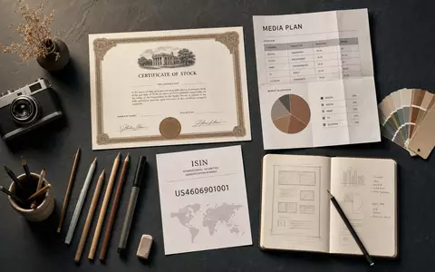 Interpublic Group US4606901001 Flatlay mit Aktien Zertifikat ISIN Karte Kamera Farbfächer und Notizbuch auf Schiefer - Foto: THN
