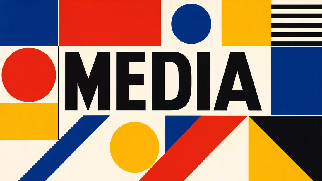 Bauhaus-Poster mit geometrischen Primärfarben-Formen und großem MEDIA-Schriftzug