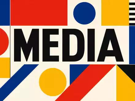 Interpublic Group US4606901001 als Bauhaus Poster mit geometrischen Primärfarben Formen und großem MEDIA Sektortext - Foto: THN