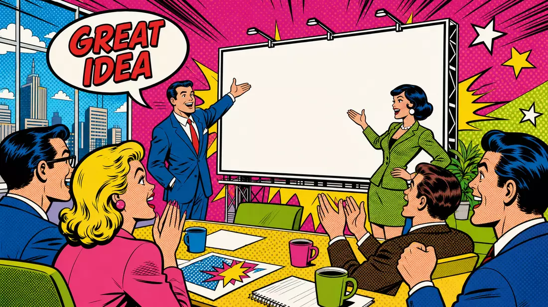 Pop-Art-Comic einer retro Werbe-Pitch-Szene mit Halbtönen und Sprechblase GREAT IDEA
