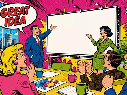 Interpublic Group US4606901001 Pop Art Comic einer Werbe Pitch Präsentation mit begeisterten Kunden und Sprechblase - Foto: THN