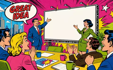 Interpublic Group US4606901001 Pop Art Comic einer Werbe Pitch Präsentation mit begeisterten Kunden und Sprechblase - Foto: THN