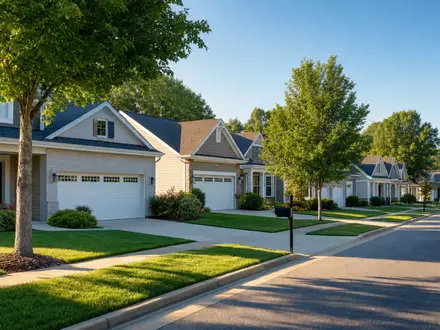 Invitation Homes US46187W1071 – sonnenbeschienene amerikanische Vorstadt mit gepflegten Einfamilienmietshäusern und Garagen - Foto: THN