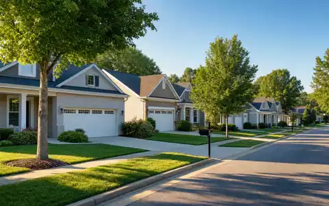 Invitation Homes US46187W1071 – sonnenbeschienene amerikanische Vorstadt mit gepflegten Einfamilienmietshäusern und Garagen - Foto: THN