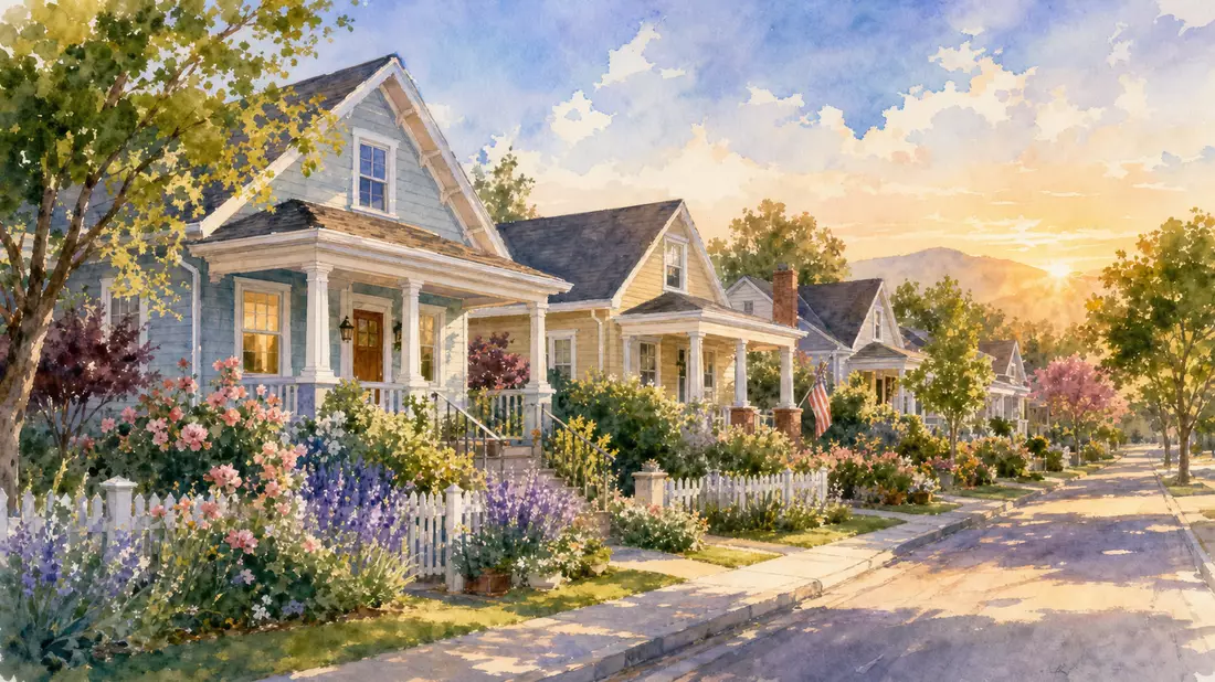 Aquarellbild einer Vorstadtstraße mit bunten Einfamilienhäusern im goldenen Abendlicht