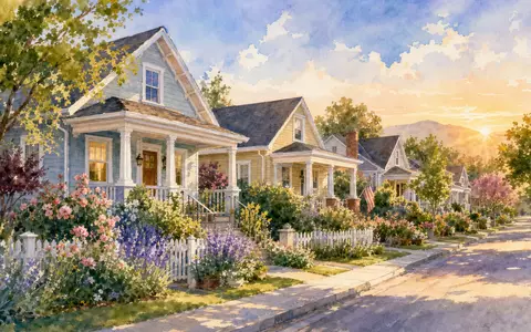 Invitation Homes US46187W1071 – Aquarellmalerei einer amerikanischen Vorstadtstraße mit blühenden Vorgärten im goldenen Abendlicht - Foto: THN