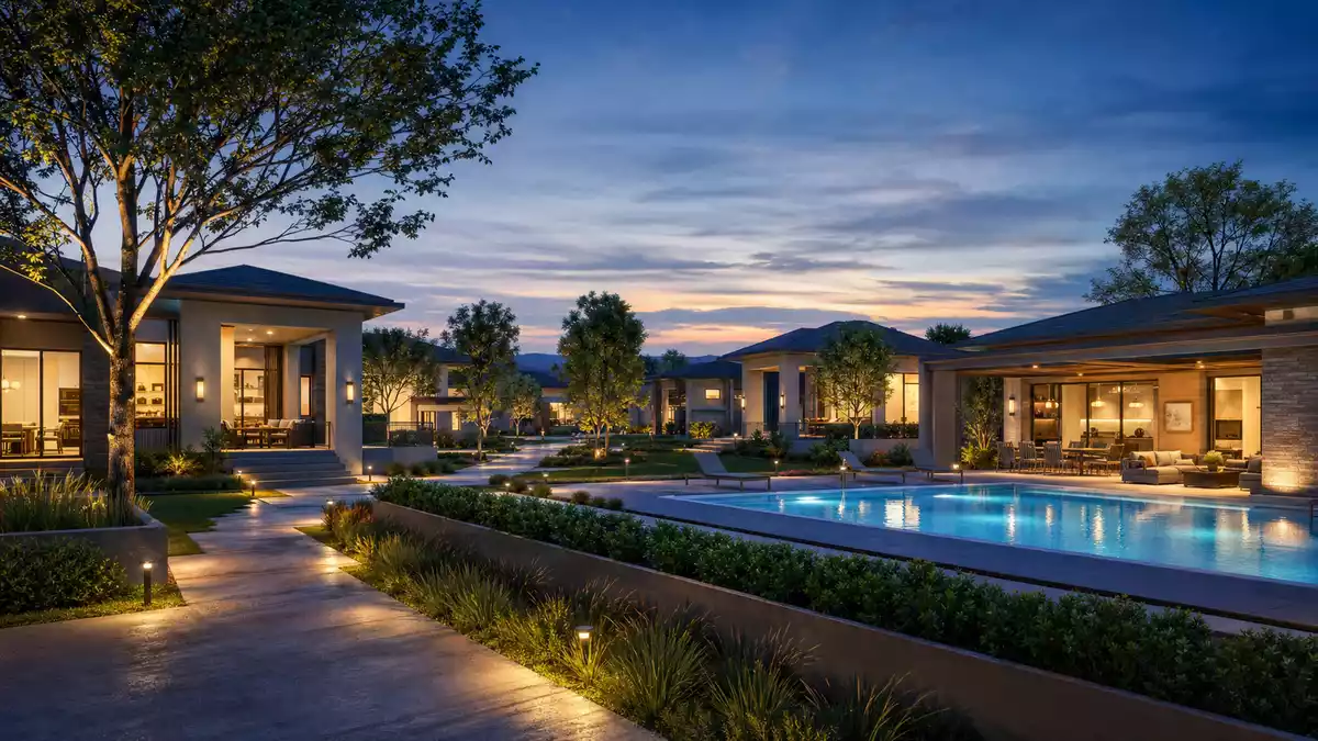 Architektur-Render einer modernen Wohnanlage mit Pool bei Abenddämmerung
