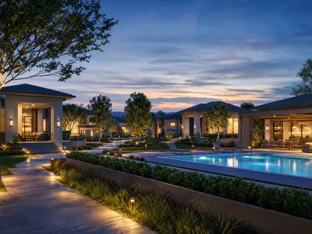Invitation Homes US46187W1071 – architektonisches 3D-Render einer modernen Wohnanlage mit Pool und Abenddämmerung - Foto: THN