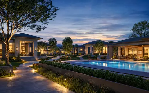 Invitation Homes US46187W1071 – architektonisches 3D-Render einer modernen Wohnanlage mit Pool und Abenddämmerung - Foto: THN