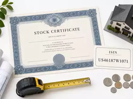 Invitation Homes US46187W1071 – Flatlay mit Aktienzertifikat, ISIN-Karte, Hausschlüssel, Hausmodell und Immobilien-Utensilien - Foto: THN