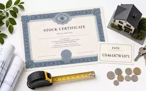 Invitation Homes US46187W1071 – Flatlay mit Aktienzertifikat, ISIN-Karte, Hausschlüssel, Hausmodell und Immobilien-Utensilien - Foto: THN