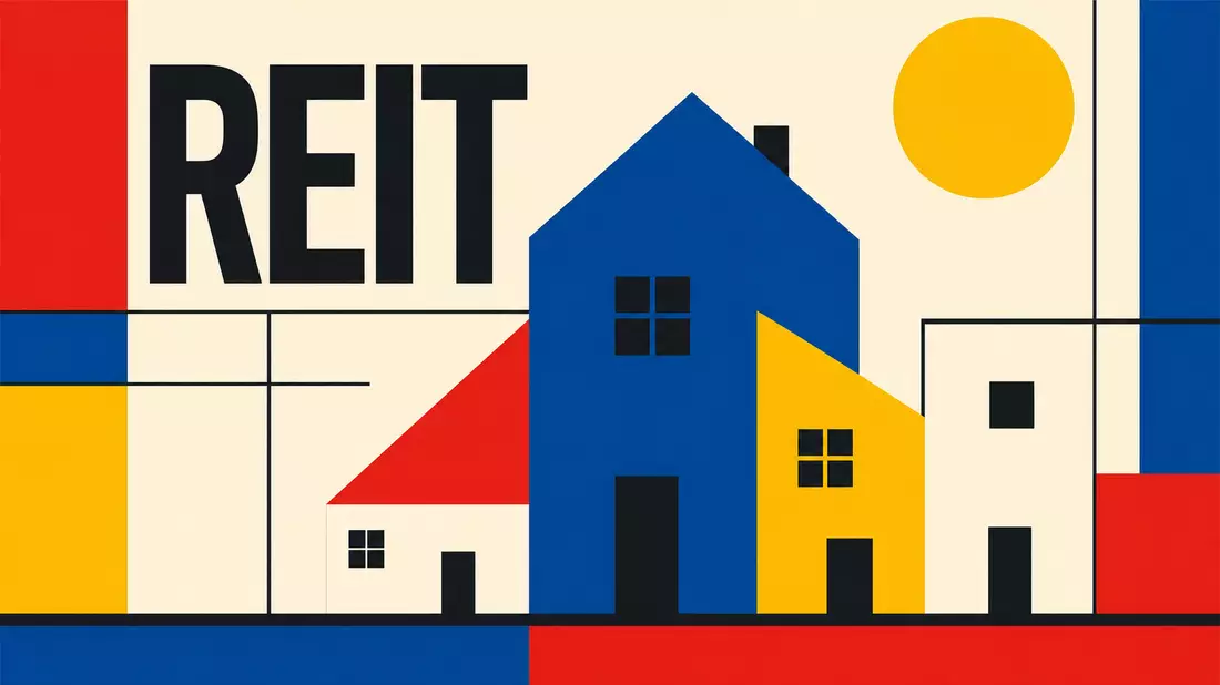 Bauhaus-Poster mit geometrischen Hausformen und REIT-Text in Rot, Blau und Gelb