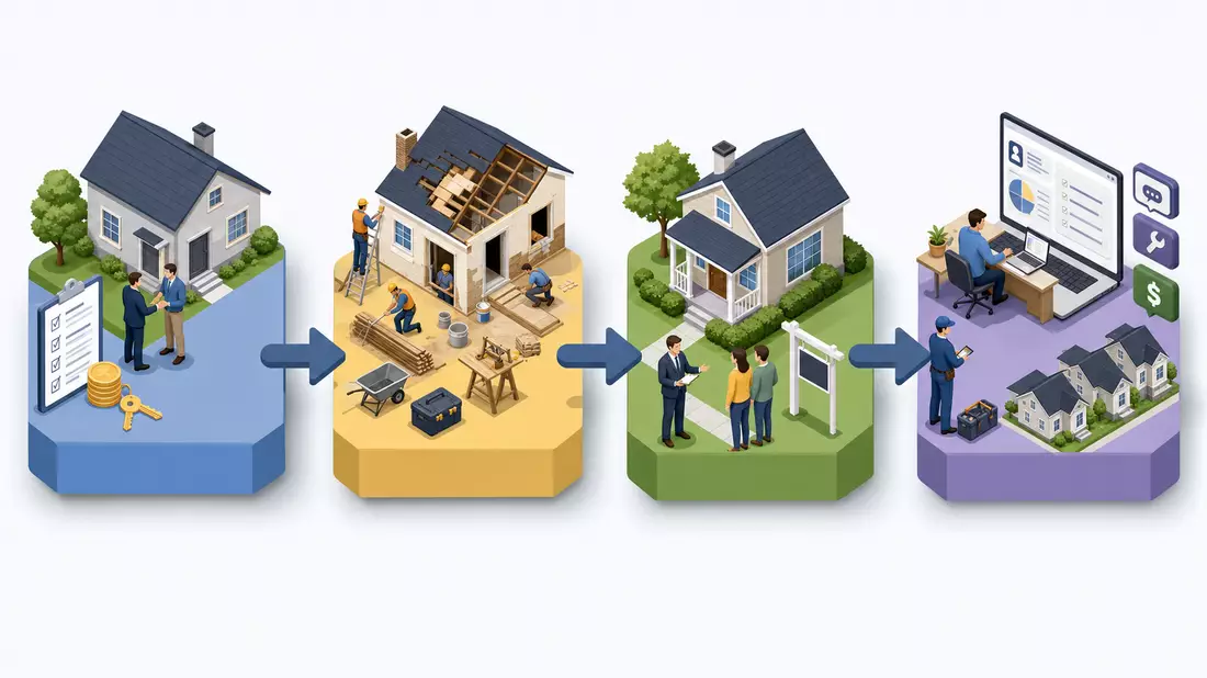 Isometrisches 3D-Diagramm der REIT-Wertschöpfungskette: Kauf, Renovierung, Vermietung, Verwaltung