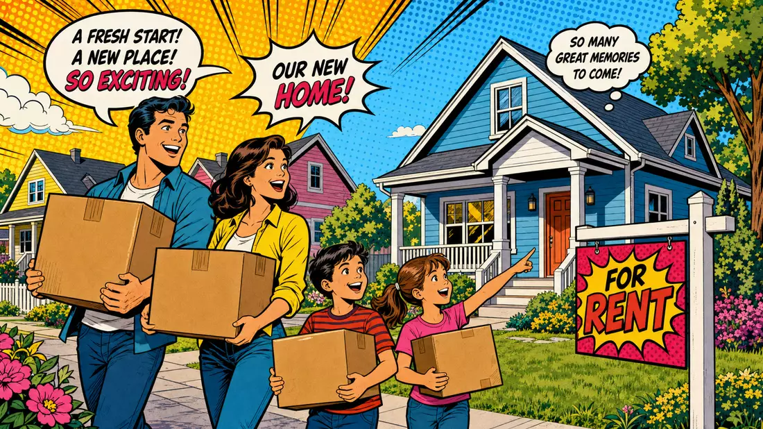 Pop-Art-Comic mit jubelnder Familie die in ein buntes Einfamilienmiethaus einzieht