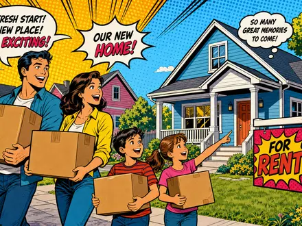 Invitation Homes US46187W1071 – Pop-Art-Comic einer jubelnden Familie beim Einzug ins bunte Miethaus - Foto: THN