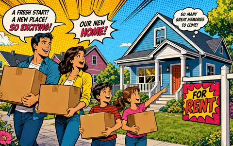 Invitation Homes US46187W1071 – Pop-Art-Comic einer jubelnden Familie beim Einzug ins bunte Miethaus - Foto: THN
