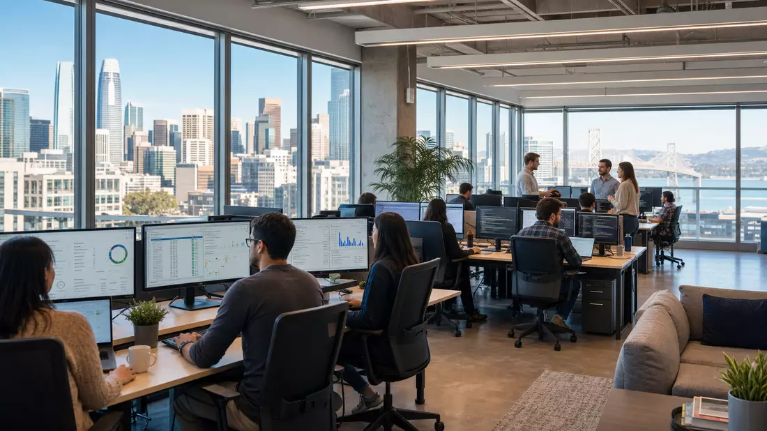 Photorealistisches Fintech-Büro von Intuit Inc. mit Entwicklern an Finanzdashboards