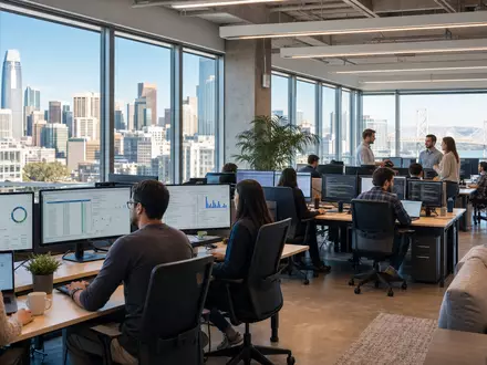 Intuit Inc. Softwareentwickler arbeiten im modernen Büro mit Finanzdashboards und Monitoren, ISIN US4612021039 - Foto: THN