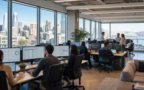 Intuit Inc. Softwareentwickler arbeiten im modernen Büro mit Finanzdashboards und Monitoren, ISIN US4612021039 - Foto: THN