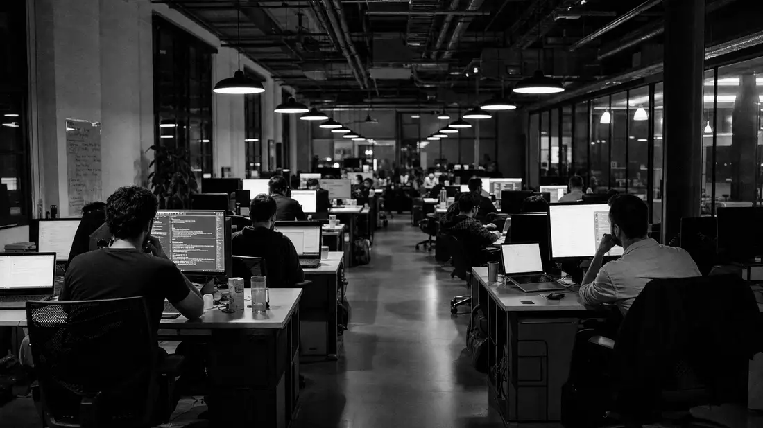 Schwarzweiß-Reportagefoto eines Tech-Büros von Intuit Inc