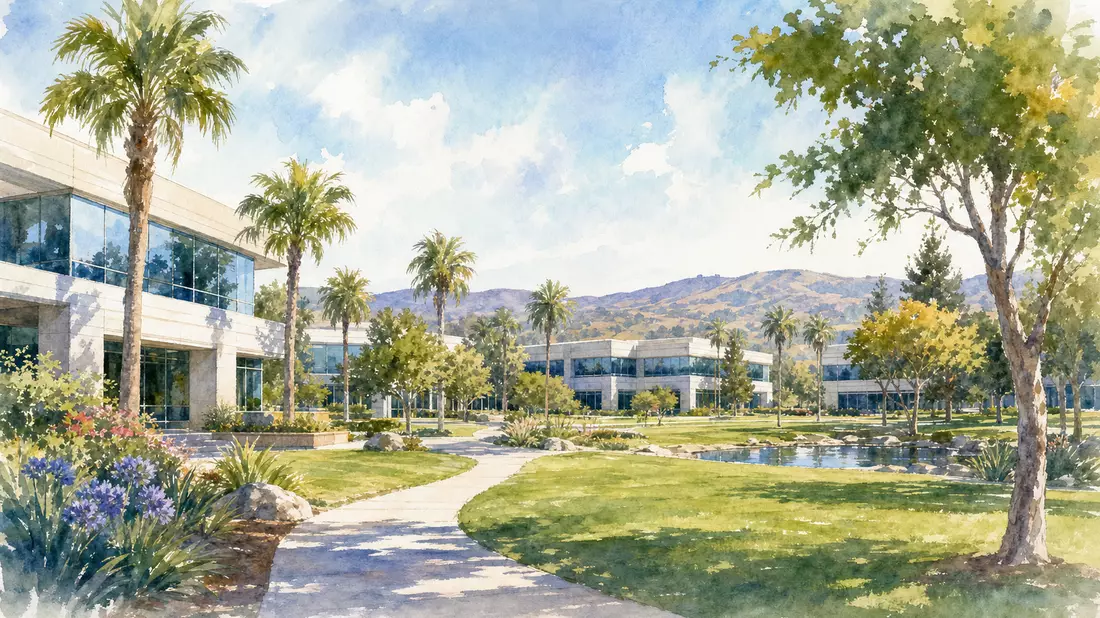 Aquarellbild des Silicon-Valley-Campus von Intuit Inc. mit Palmen
