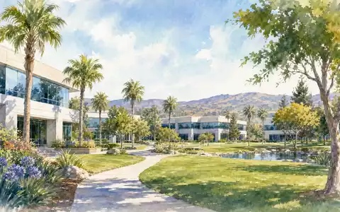 Intuit Inc. Aquarellmalerei des sonnigen Silicon-Valley-Firmencampus mit grünen Palmen und Bergen, ISIN US4612021039 - Foto: THN