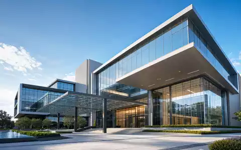 Intuit Inc. modernes Glas-Hochhaus als realistische Architektur-CGI-Visualisierung bei strahlend blauem Tageslicht, ISIN US4612021039 - Foto: THN