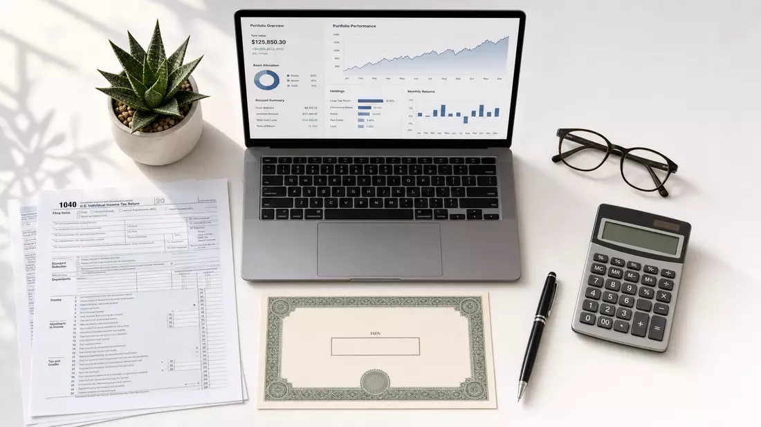 Flatlay mit Aktienzertifikat US4612021039 und Finanzdokumenten für Intuit Inc