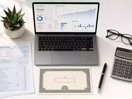 Intuit Inc. Flatlay-Arrangement mit ISIN-Karte, Steuerdokumenten, silbernem Laptop und Taschenrechner, ISIN US4612021039 - Foto: THN