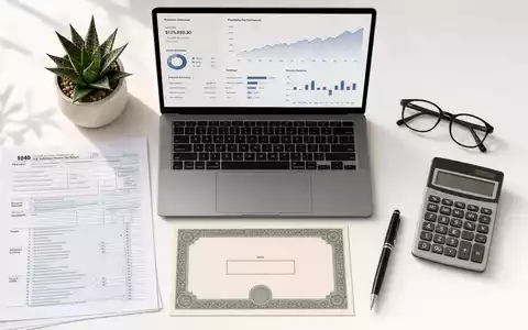 Intuit Inc. Flatlay-Arrangement mit ISIN-Karte, Steuerdokumenten, silbernem Laptop und Taschenrechner, ISIN US4612021039 - Foto: THN