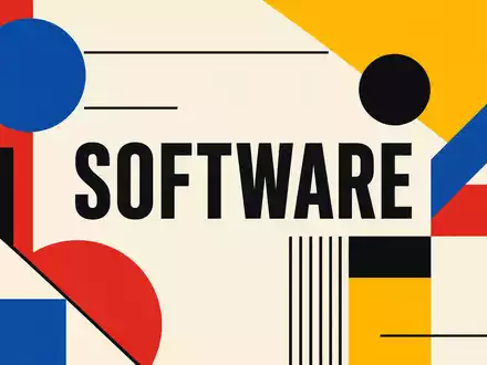 Intuit Inc. Bauhaus-Poster mit zentriertem SOFTWARE-Schriftzug und bunten geometrischen PrimÀrfarben-Formen, ISIN US4612021039 - Foto: THN