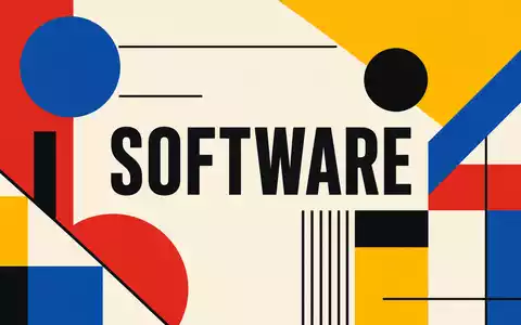 Intuit Inc. Bauhaus-Poster mit zentriertem SOFTWARE-Schriftzug und bunten geometrischen Primärfarben-Formen, ISIN US4612021039 - Foto: THN
