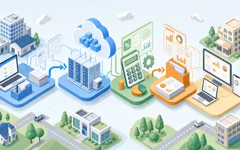 Intuit Inc. isometrische 3D-Darstellung der vernetzten Fintech-Softwarekette mit Datenfluss und Prozessen, ISIN US4612021039 - Foto: THN