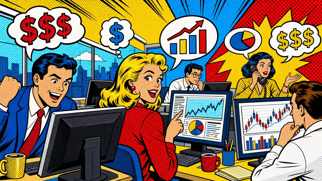 Pop-Art-Comic-Illustration eines Fintech-Büros im Stil von Intuit Inc