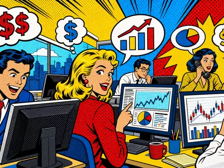 Intuit Inc. Pop-Art-Comic zeigt ein buntes Fintech-Büro mit Chartblasen und Dollarzeichen, ISIN US4612021039 - Foto: THN