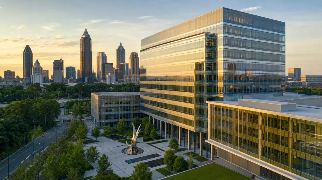 Fotorealistisches Bild des Invesco Ltd. Firmensitzes in Atlanta bei Sonnenuntergang