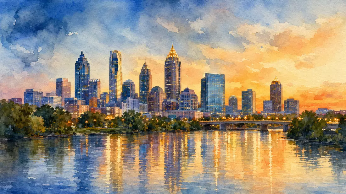 Aquarellgemälde der Atlanta-Skyline bei Dämmerung mit Wasserreflexionen für Invesco Ltd