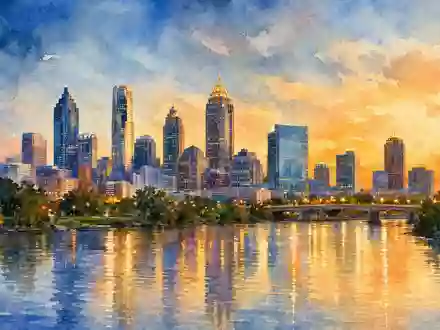 Invesco Ltd. Heimatstadt Atlanta in Aquarellfarben gemalt, BMG491BT1088 Skyline spiegelt sich im Wasser - Foto: THN