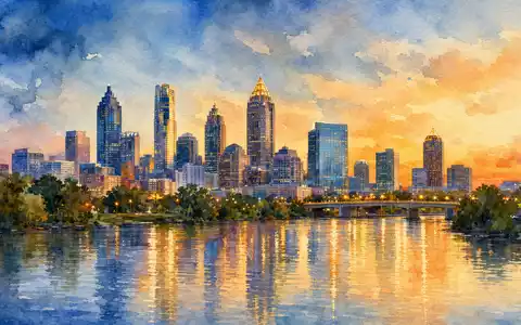 Invesco Ltd. Heimatstadt Atlanta in Aquarellfarben gemalt, BMG491BT1088 Skyline spiegelt sich im Wasser - Foto: THN